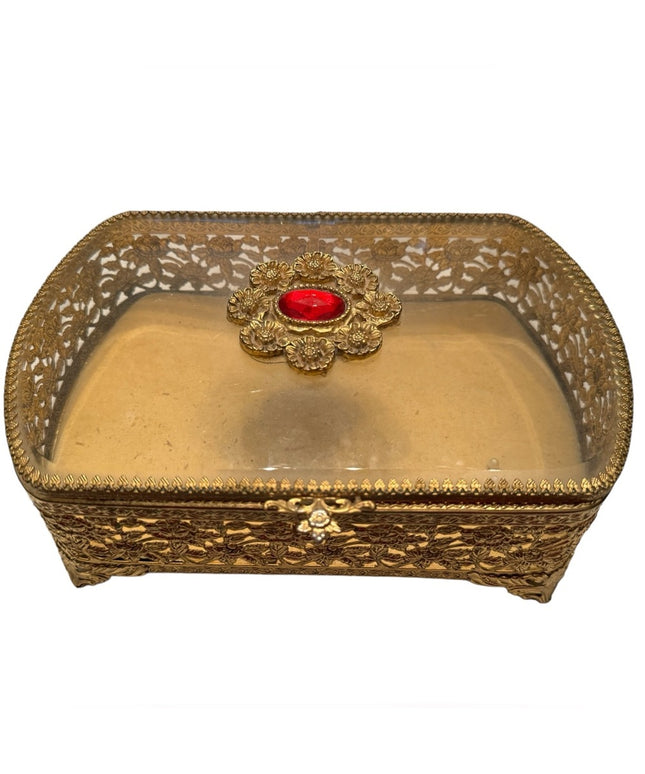 Vintage Gold plated fancy filagree ornate metal bejeweled vanity box jewelry