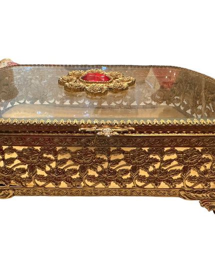 Vintage Gold plated fancy filagree ornate metal bejeweled vanity box jewelry