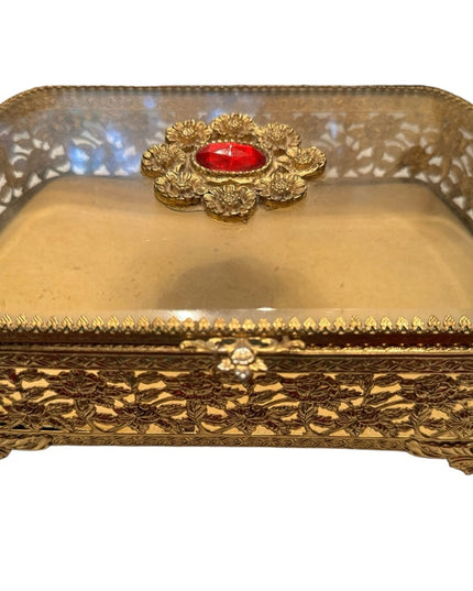 Vintage Gold plated fancy filagree ornate metal bejeweled vanity box jewelry