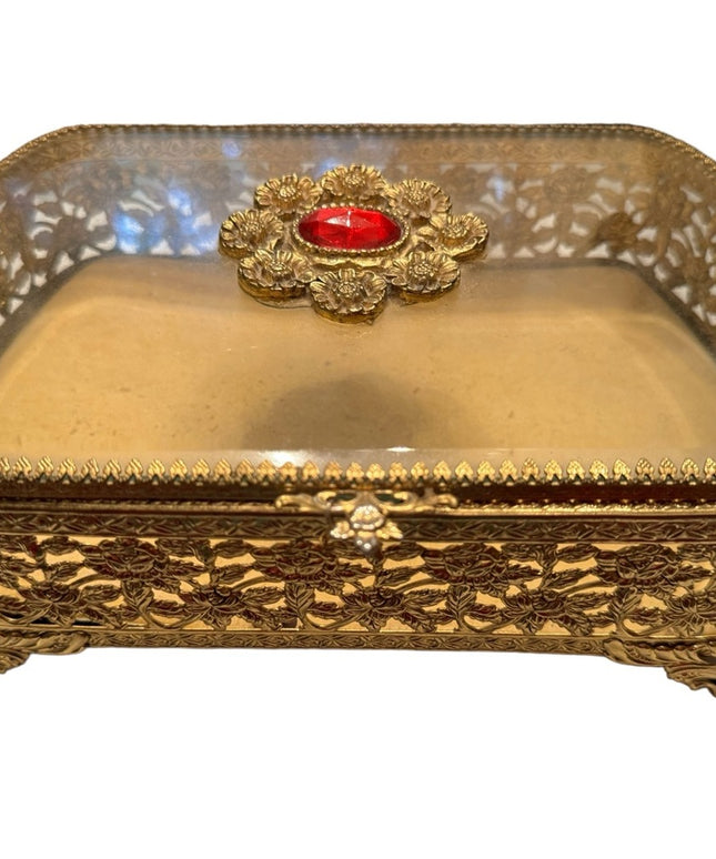Vintage Gold plated fancy filagree ornate metal bejeweled vanity box jewelry