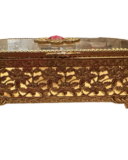 Vintage Gold plated fancy filagree ornate metal bejeweled vanity box jewelry