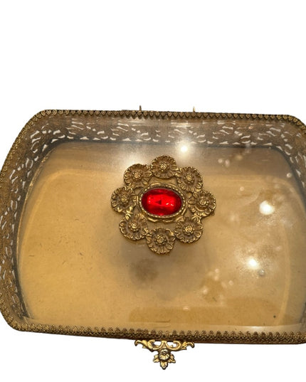 Vintage Gold plated fancy filagree ornate metal bejeweled vanity box jewelry