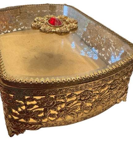 Vintage Gold plated fancy filagree ornate metal bejeweled vanity box jewelry