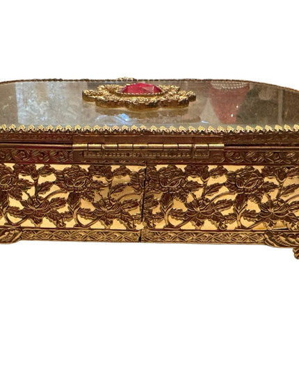 Vintage Gold plated fancy filagree ornate metal bejeweled vanity box jewelry