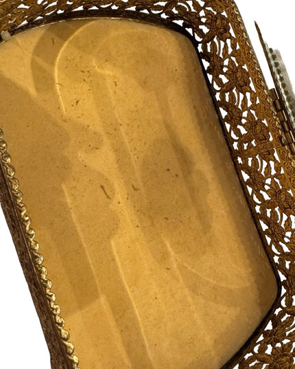 Vintage Gold plated fancy filagree ornate metal bejeweled vanity box jewelry