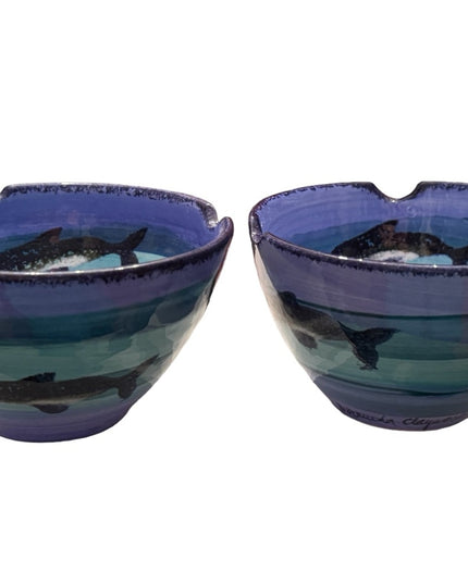 2000s Blue dolphin handmade pottery Bermuda Clayworks pair of 3” serving bowls