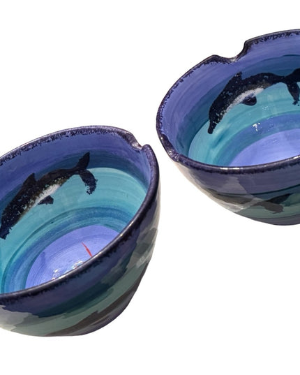 2000s Blue dolphin handmade pottery Bermuda Clayworks pair of 3” serving bowls