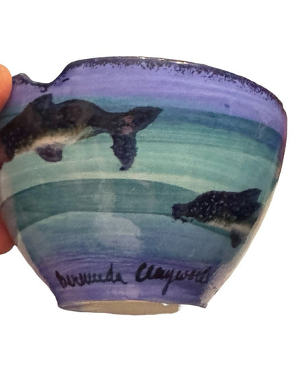 2000s Blue dolphin handmade pottery Bermuda Clayworks pair of 3” serving bowls