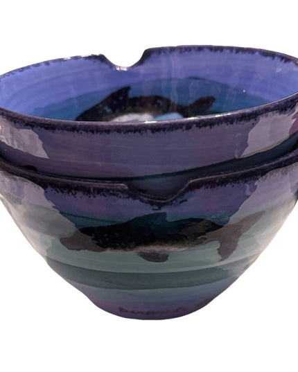 2000s Blue dolphin handmade pottery Bermuda Clayworks pair of 3” serving bowls