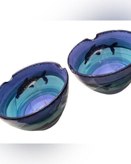 2000s Blue dolphin handmade pottery Bermuda Clayworks pair of 3” serving bowls
