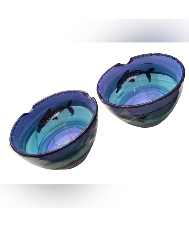 2000s Blue dolphin handmade pottery Bermuda Clayworks pair of 3” serving bowls