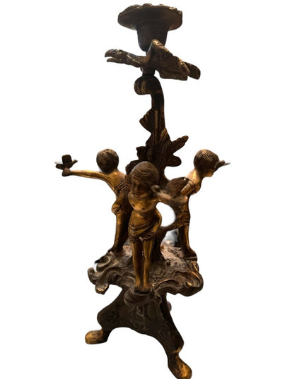 Antique 1800s Candlestick boy putto putti cherub bird gothic Religious bronze