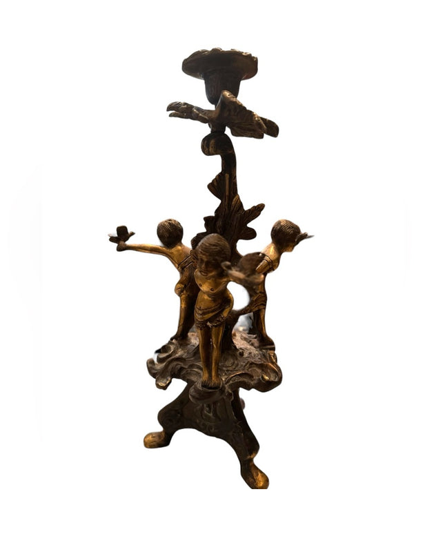 Antique 1800s Candlestick boy putto putti cherub bird gothic Religious bronze