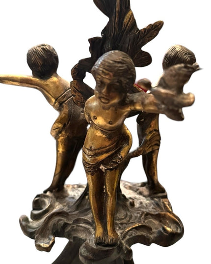 Antique 1800s Candlestick boy putto putti cherub bird gothic Religious bronze