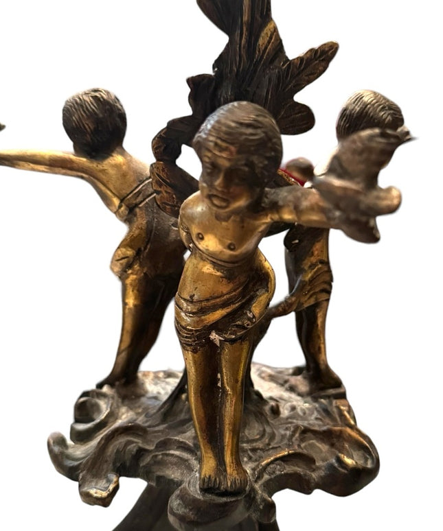 Antique 1800s Candlestick boy putto putti cherub bird gothic Religious bronze
