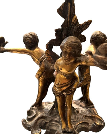 Antique 1800s Candlestick boy putto putti cherub bird gothic Religious bronze