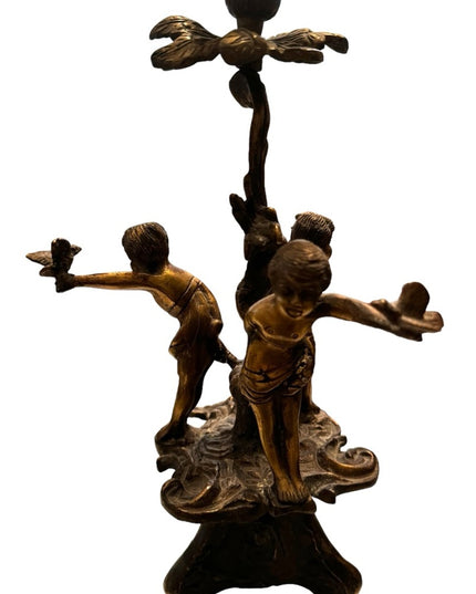Antique 1800s Candlestick boy putto putti cherub bird gothic Religious bronze