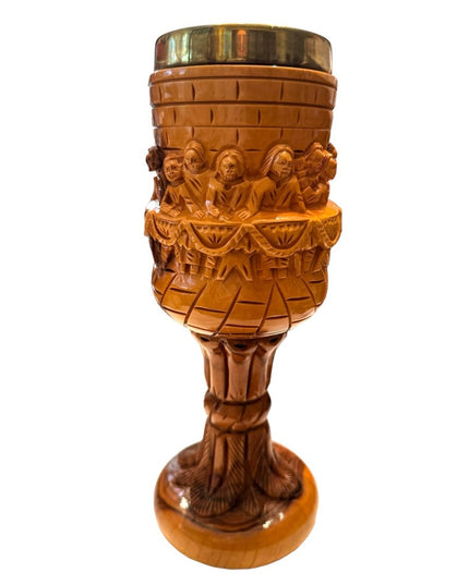 Vintage hand carved olive wood last supper church ritual goblet brass insert