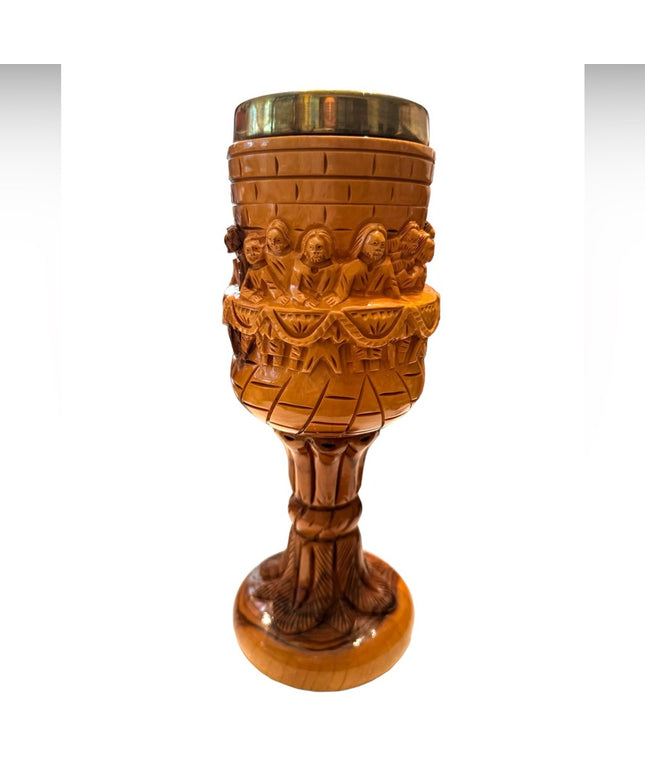 Vintage hand carved olive wood last supper church ritual goblet brass insert