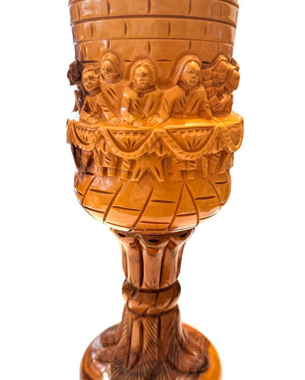 Vintage hand carved olive wood last supper church ritual goblet brass insert