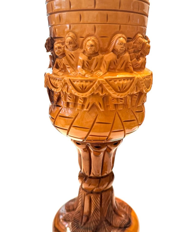 Vintage hand carved olive wood last supper church ritual goblet brass insert