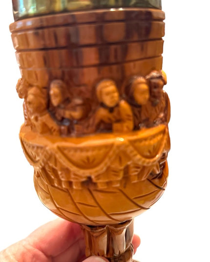 Vintage hand carved olive wood last supper church ritual goblet brass insert