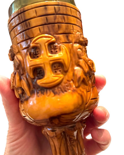 Vintage hand carved olive wood last supper church ritual goblet brass insert