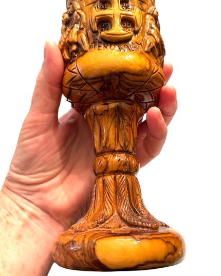 Vintage hand carved olive wood last supper church ritual goblet brass insert
