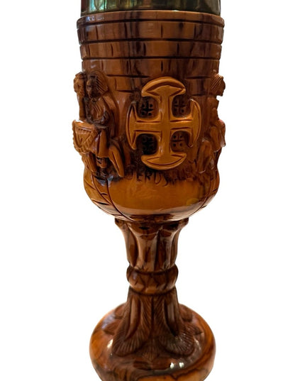 Vintage hand carved olive wood last supper church ritual goblet brass insert