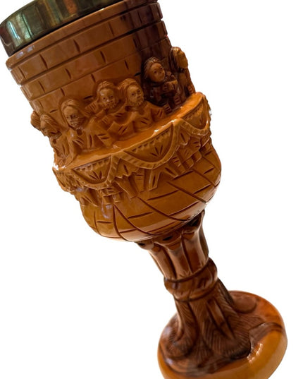 Vintage hand carved olive wood last supper church ritual goblet brass insert