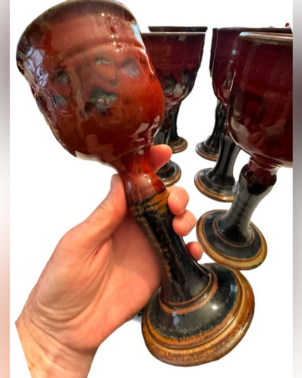 Set of 6 Goblet Chalice Handmade pottery Donn Zver burgundy & blue glazed Troy