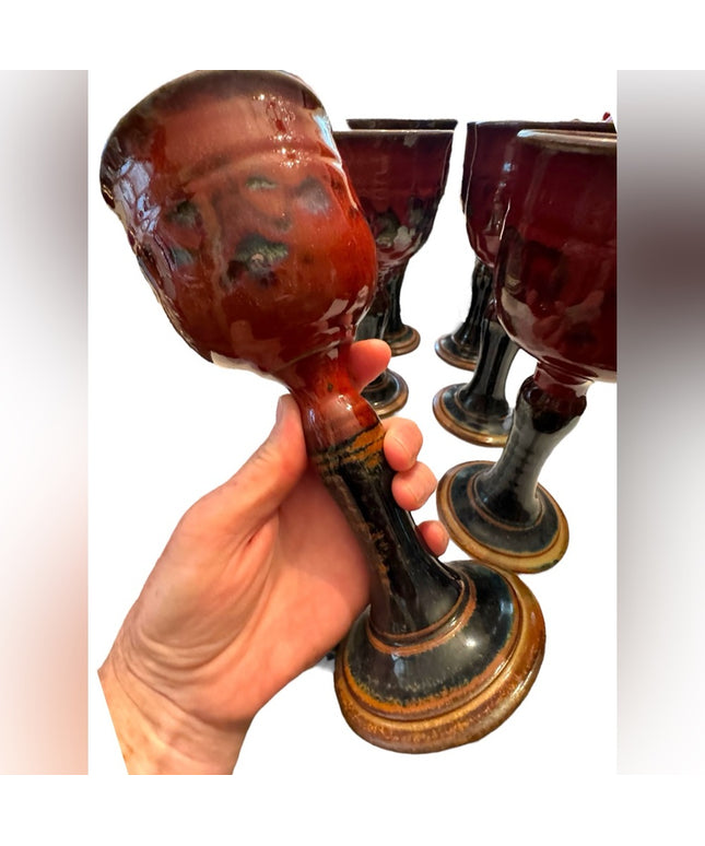 Set of 6 Goblet Chalice Handmade pottery Donn Zver burgundy & blue glazed Troy
