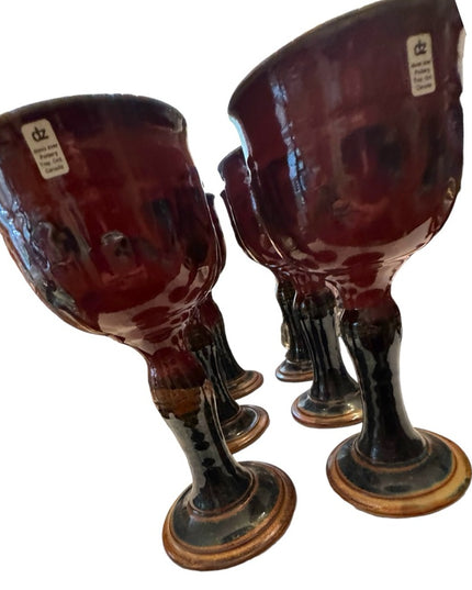 Set of 6 Goblet Chalice Handmade pottery Donn Zver burgundy & blue glazed Troy