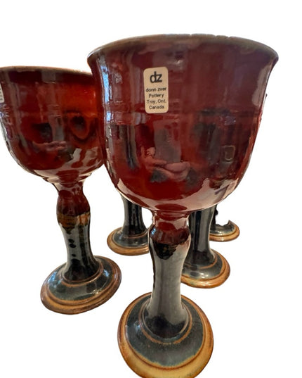 Set of 6 Goblet Chalice Handmade pottery Donn Zver burgundy & blue glazed Troy