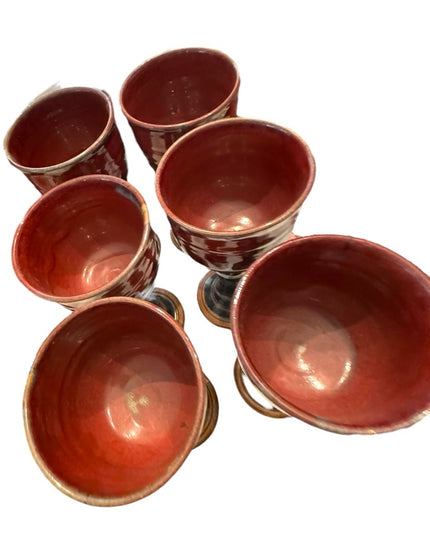 Set of 6 Goblet Chalice Handmade pottery Donn Zver burgundy & blue glazed Troy