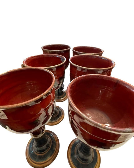 Set of 6 Goblet Chalice Handmade pottery Donn Zver burgundy & blue glazed Troy