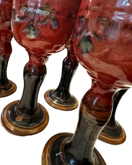 Set of 6 Goblet Chalice Handmade pottery Donn Zver burgundy & blue glazed Troy