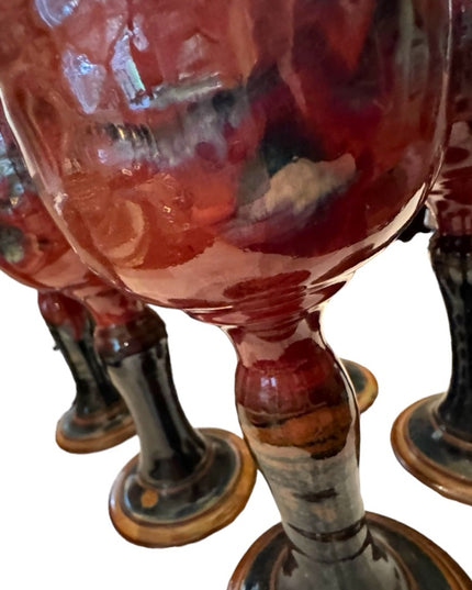 Set of 6 Goblet Chalice Handmade pottery Donn Zver burgundy & blue glazed Troy