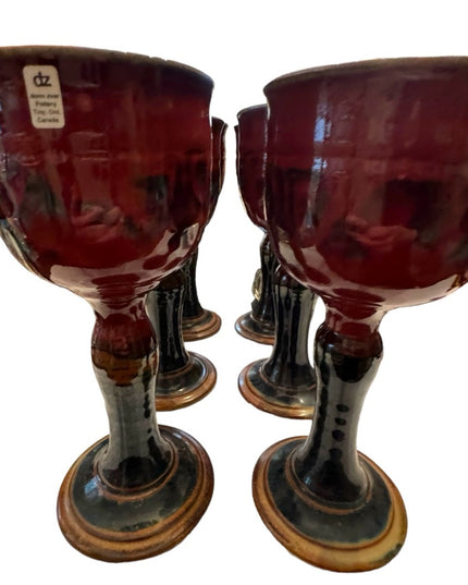 Set of 6 Goblet Chalice Handmade pottery Donn Zver burgundy & blue glazed Troy