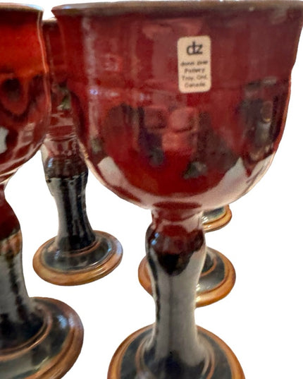 Set of 6 Goblet Chalice Handmade pottery Donn Zver burgundy & blue glazed Troy