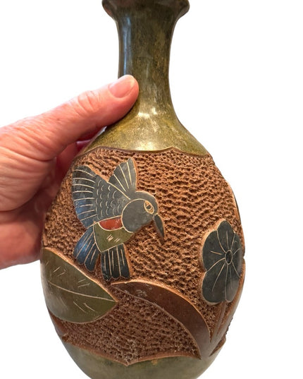 Vintage Nicaragua handmade pottery vase with birds painted signed
