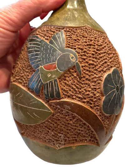 Vintage Nicaragua handmade pottery vase with birds painted signed