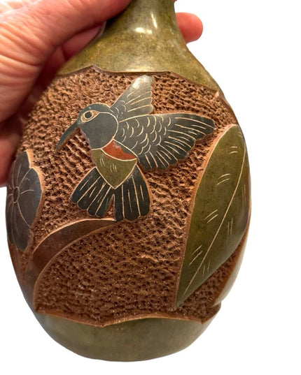 Vintage Nicaragua handmade pottery vase with birds painted signed