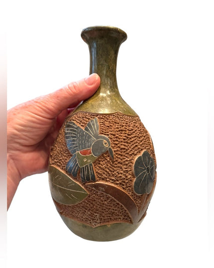 Vintage Nicaragua handmade pottery vase with birds painted signed