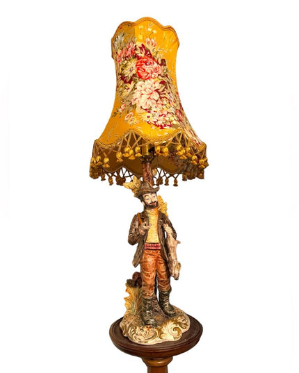 Vintage 1950s Bassano Italy porcelain man fishing fancy lamp with orig shade