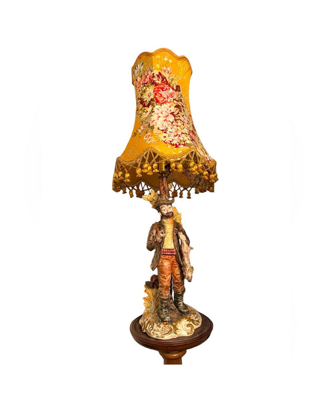 Vintage 1950s Bassano Italy porcelain man fishing fancy lamp with orig shade