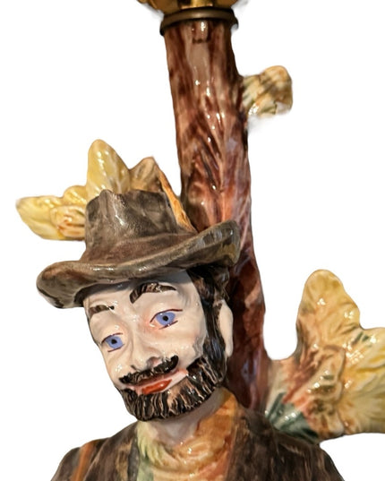 Vintage 1950s Bassano Italy porcelain man fishing fancy lamp with orig shade