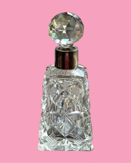 Art Deco Antique Czech cut crystal heavy sterling & glass faceted perfume bottle