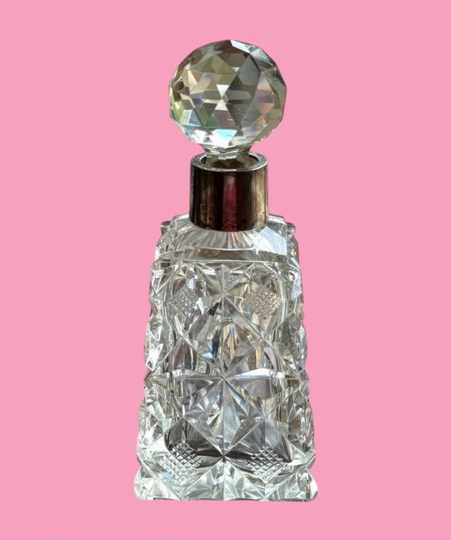 Art Deco Antique Czech cut crystal heavy sterling & glass faceted perfume bottle