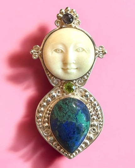 Sajen sterling silver 925 malachite peridot moonstone boneface goddess pendant